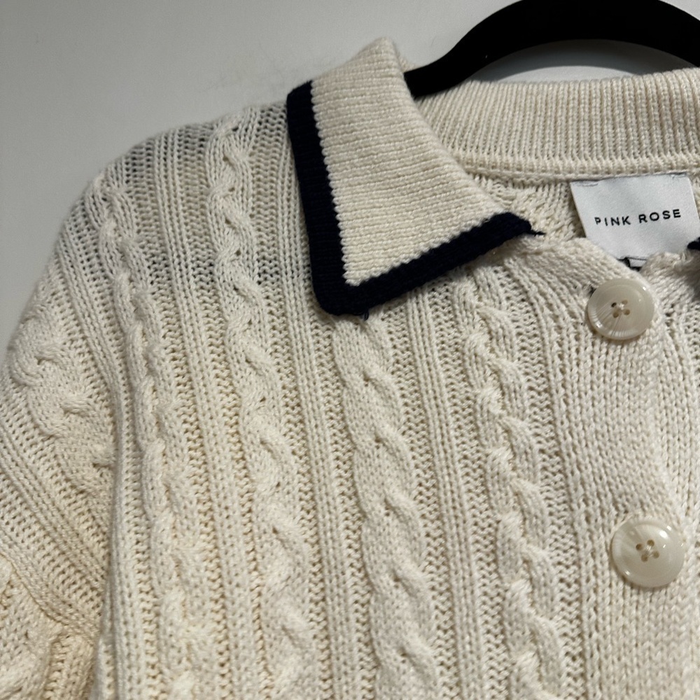 NWT Pink Rose Preppy Cream & Navy  Cable Knit Collared Cardigan. Ribbed Hem. S - Picture 11 of 16